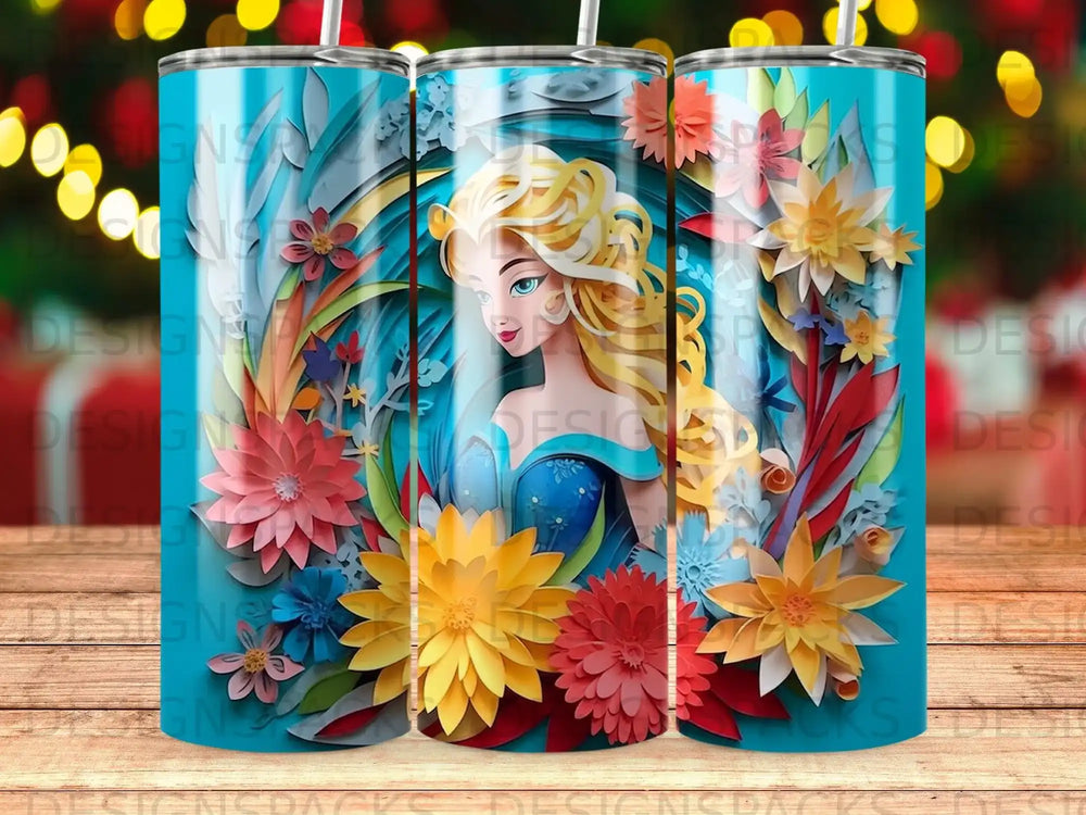 Elsa from Frozen surrounded by colorful floral papercraft.