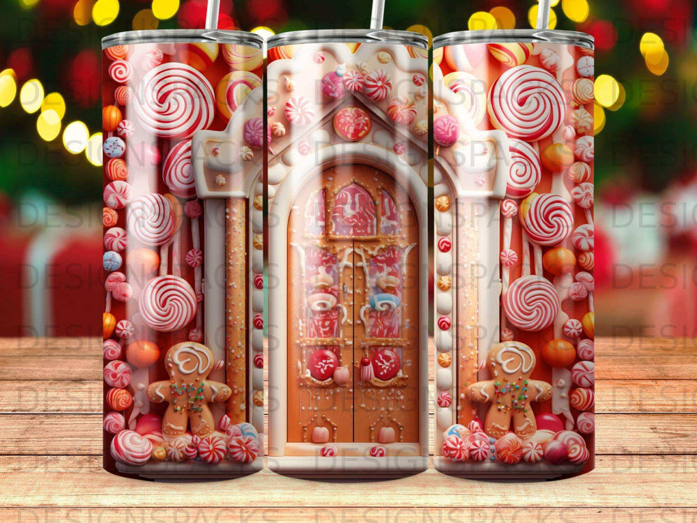 Gingerbread house with candy canes and gingerbread cookies, tumbler design.