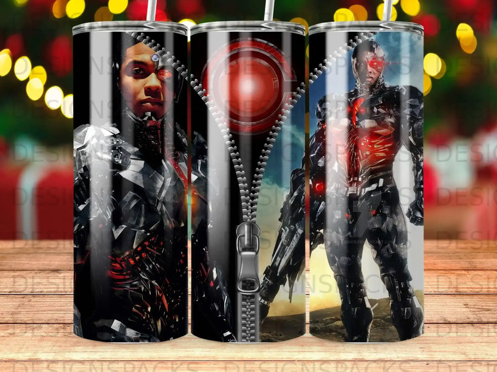 Cyborg with glowing red eye and mechanical suit, against black background.