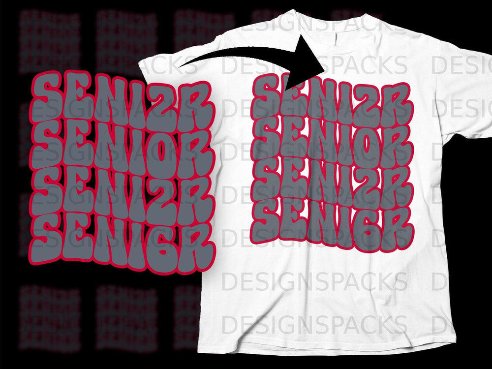 White t-shirt with stacked grey and red "SENIOR" text graphic.