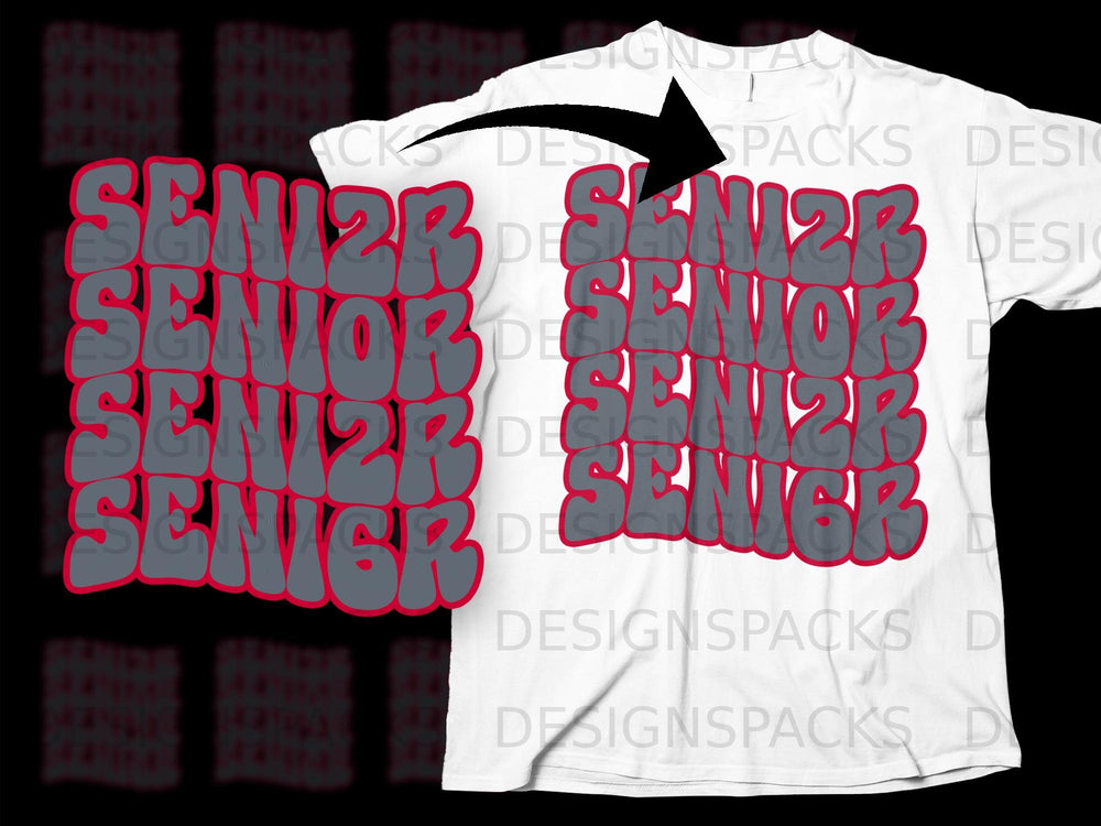 White t-shirt with stacked grey and red "SENIOR" text graphic.
