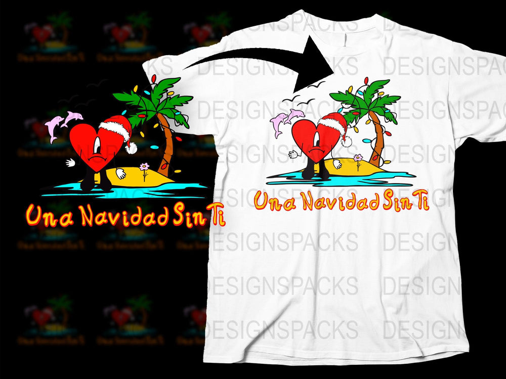 Tropical Christmas T-Shirt, Heart Beach Graphic, 'Una Navidad Sin Ti' Holiday Tee, Colorful Festive Apparel