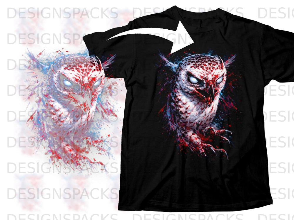 Black t-shirt featuring a watercolor-style owl design with red and blue accents.