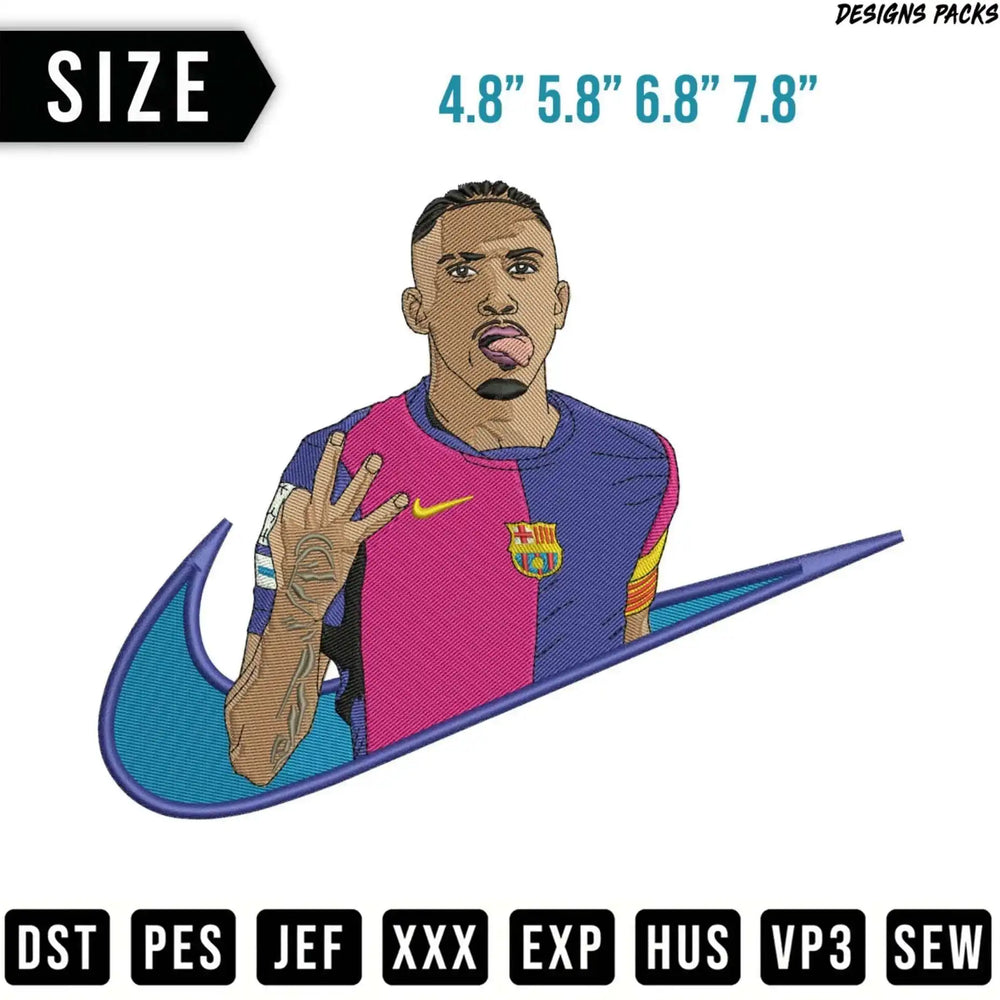 Embroidery design of a soccer player in a pink and blue jersey, sticking out tongue.