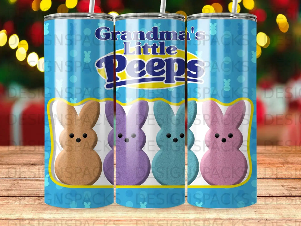 Blue tumbler with "Grandma's Peeps" and colorful Peeps bunny illustrations.