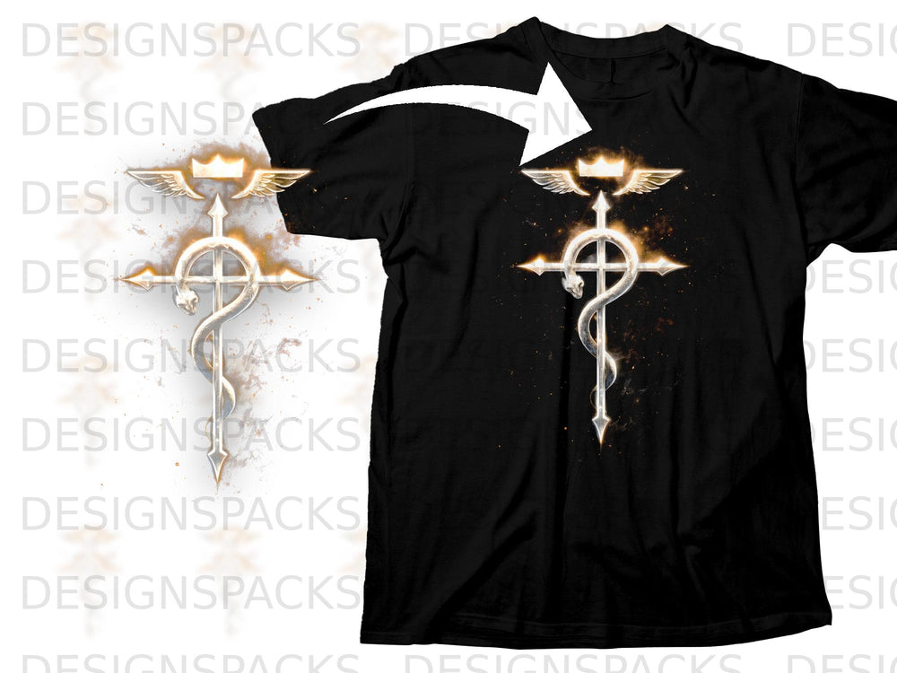 Black t-shirt featuring a glowing alchemy symbol with wings and a crown.
