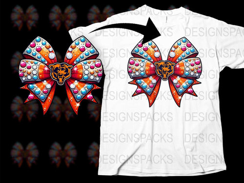 Colorful Rhinestone Bow Cheer Design T-Shirt, Sparkly Graphic Tee, Cheerleader Gear, Bright Orange and Blue, Sporty Casual Wear