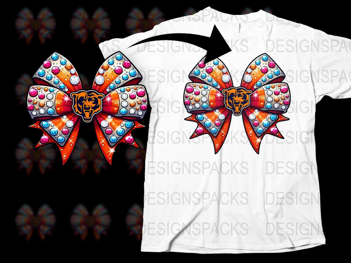 Colorful Rhinestone Bow Cheer Design T-Shirt, Sparkly Graphic Tee, Cheerleader Gear, Bright Orange and Blue, Sporty Casual Wear
