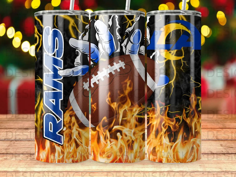 Los Angeles Rams football with flames and lightning background.