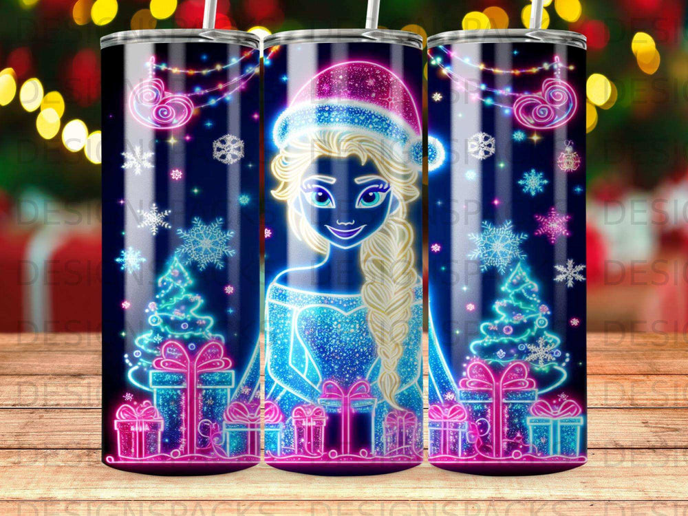 Elsa in a Santa hat with Christmas gifts and trees, neon lights.