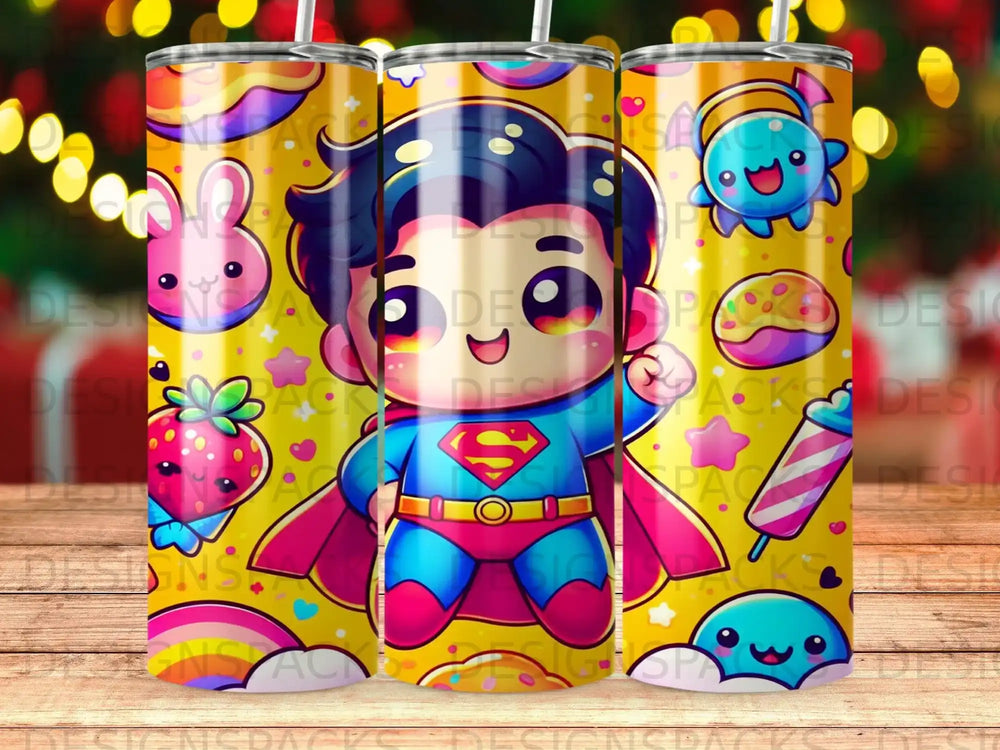 Chibi Superman with a pink bunny, strawberry, and blue creature on a yellow background.