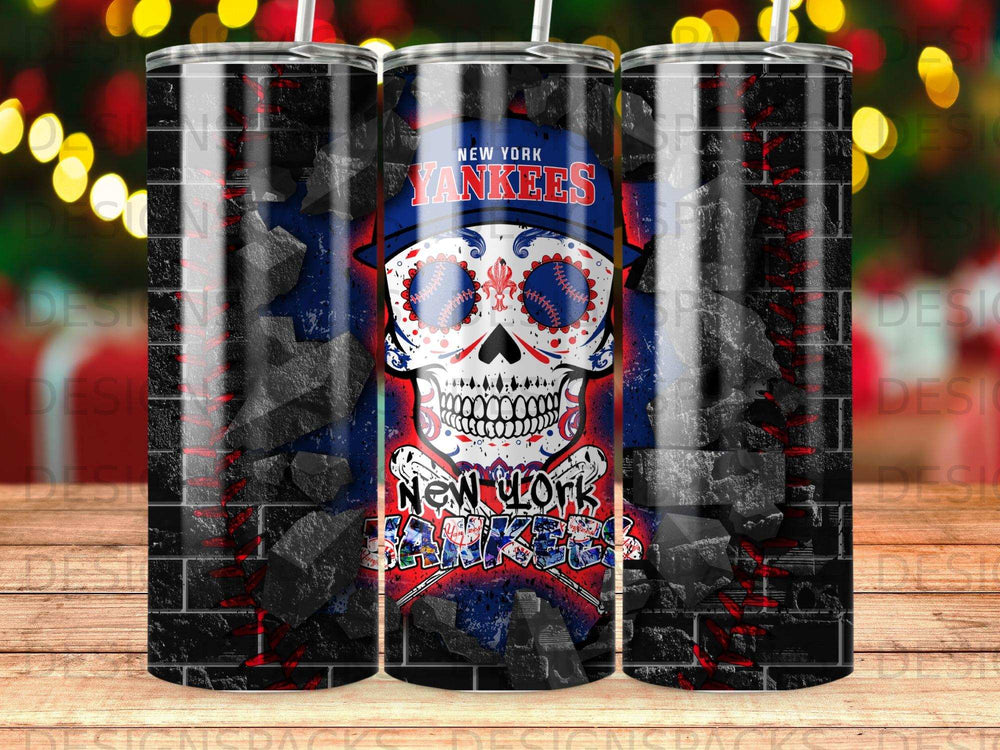 New York Yankees skull design on black brick tumbler.