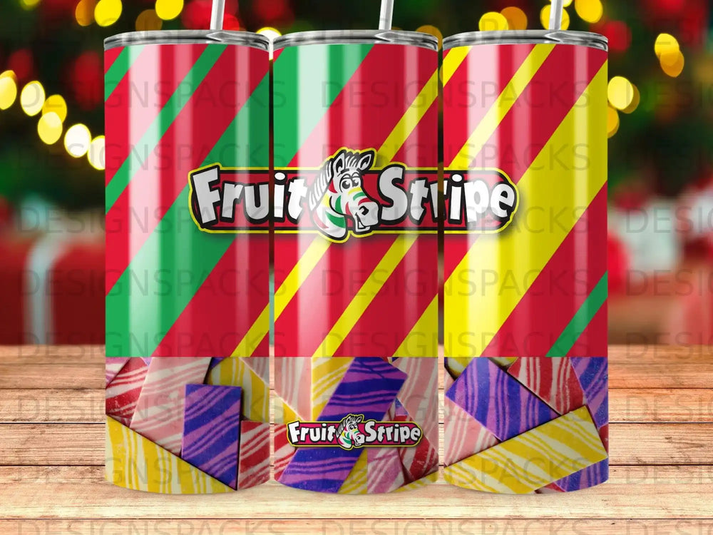 Fruit Stripe wrapper pattern on tumblers.