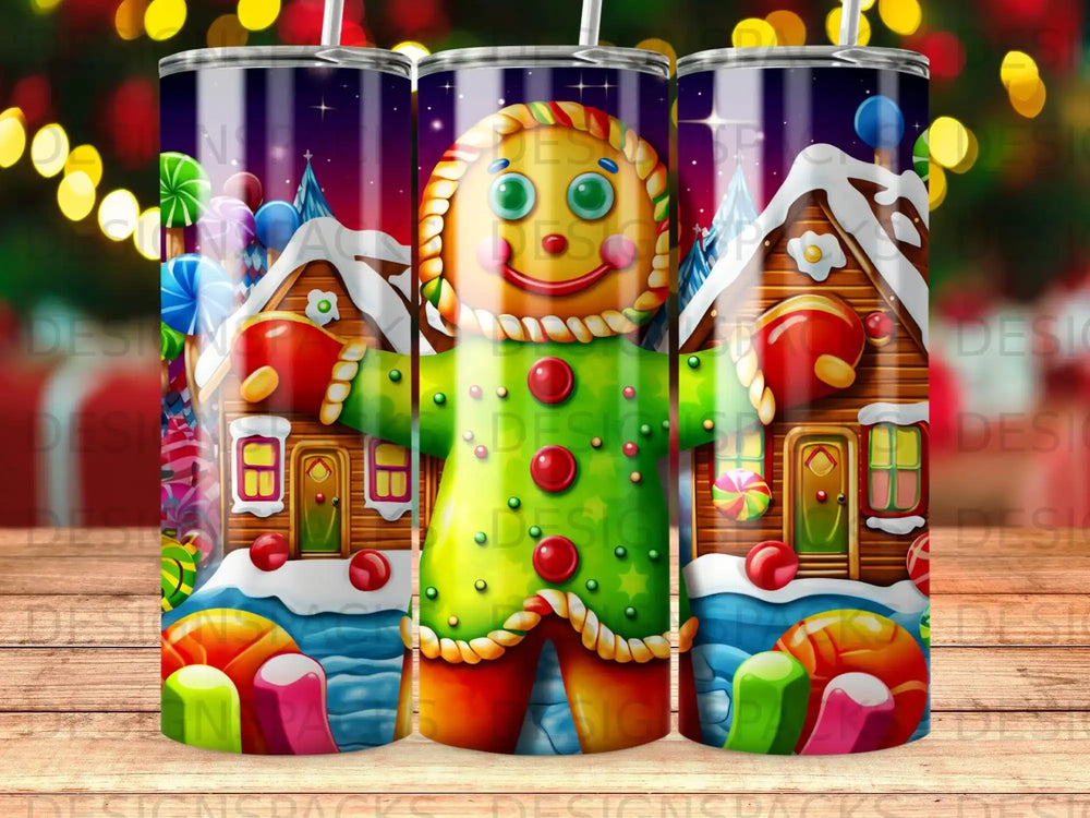 Gingerbread man with candy houses, candy canes, and colorful candy.