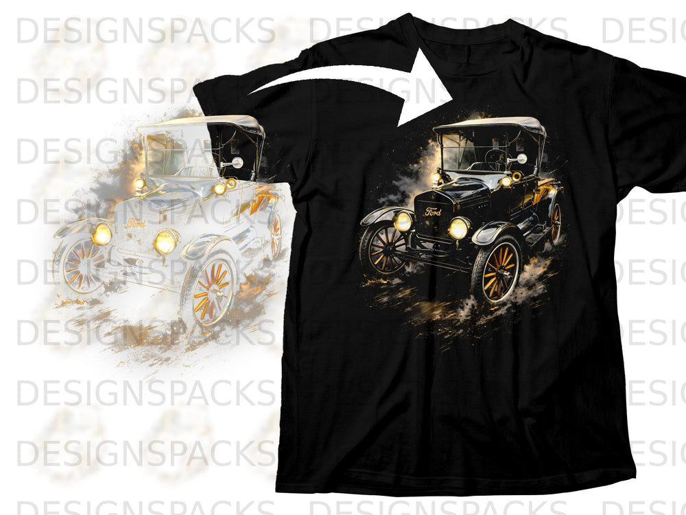 Black t-shirt with a vintage Ford Model T graphic design.