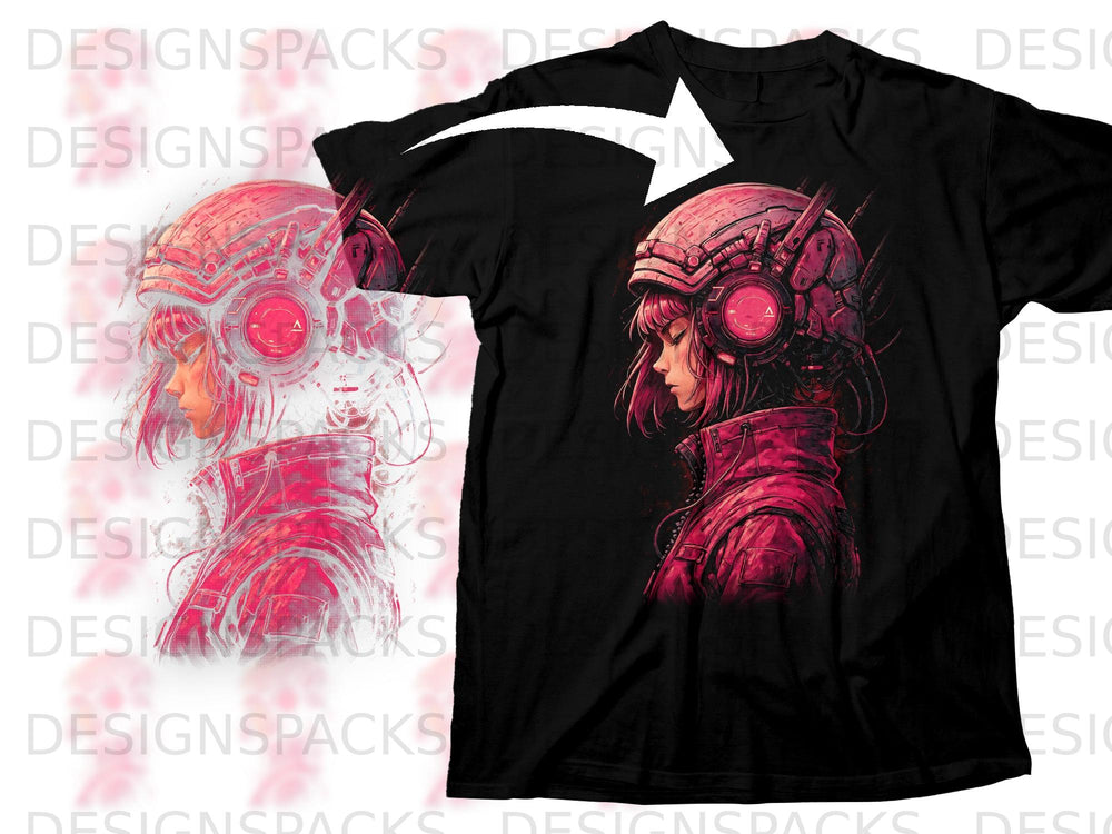 T-shirt with cyberpunk anime character illustration in pink and red tones.