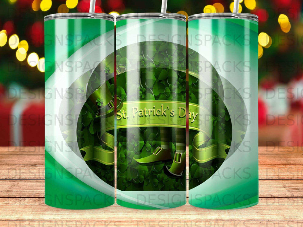 Green St. Patrick's Day tumbler with shamrocks and text.