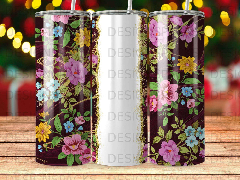 Burgundy tumbler with floral pattern and gold accents.
