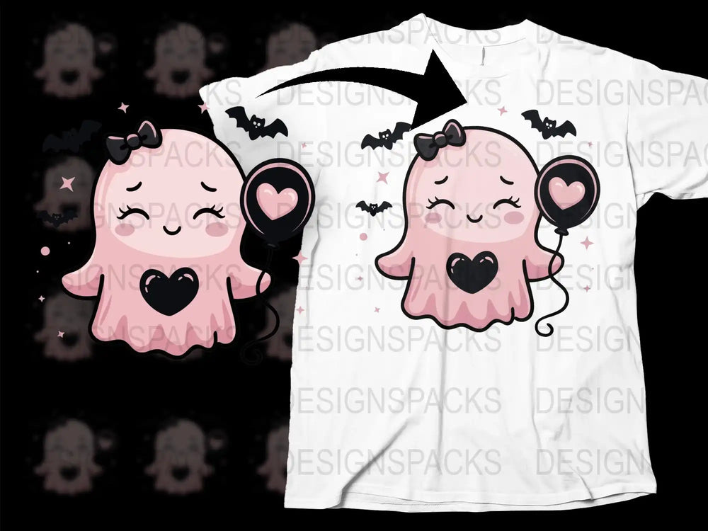 Cute Ghost T-Shirt, Pink Heart Balloon, Kids Halloween Apparel, Cartoon Spooky Tee, Unique Holiday Gift