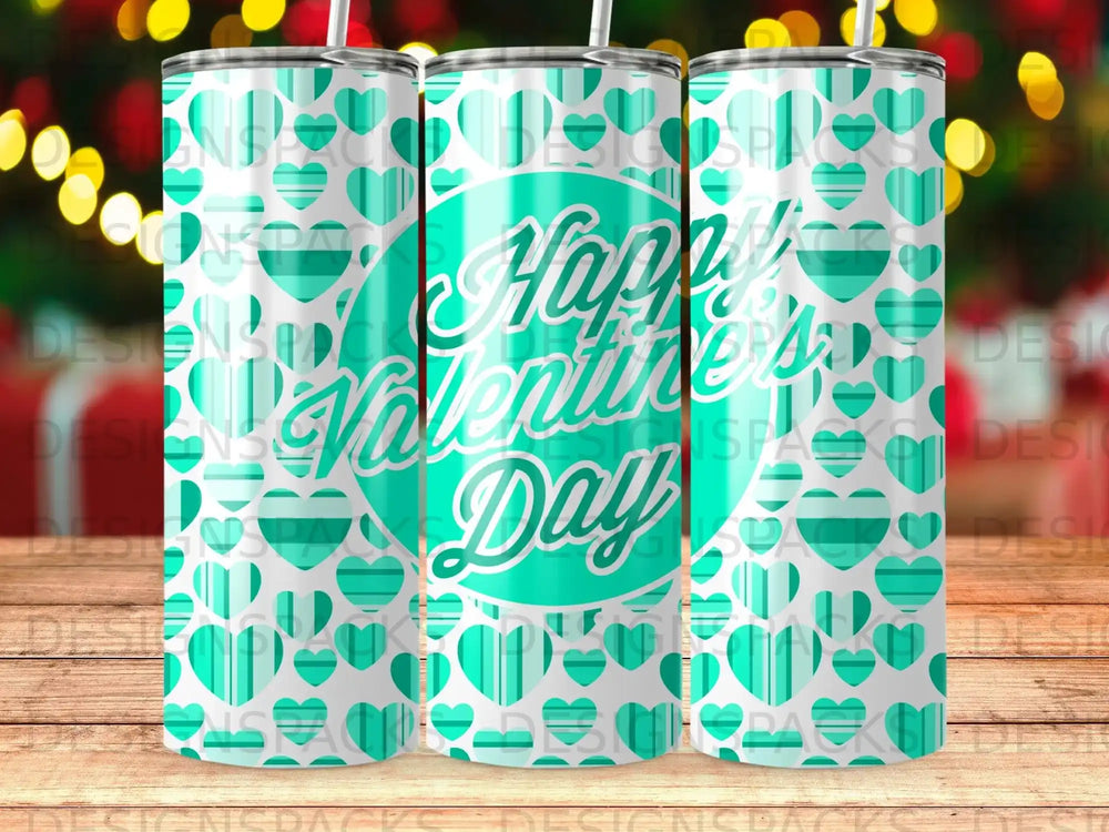 Turquoise hearts pattern tumbler with "Happy Valentine's Day" text.