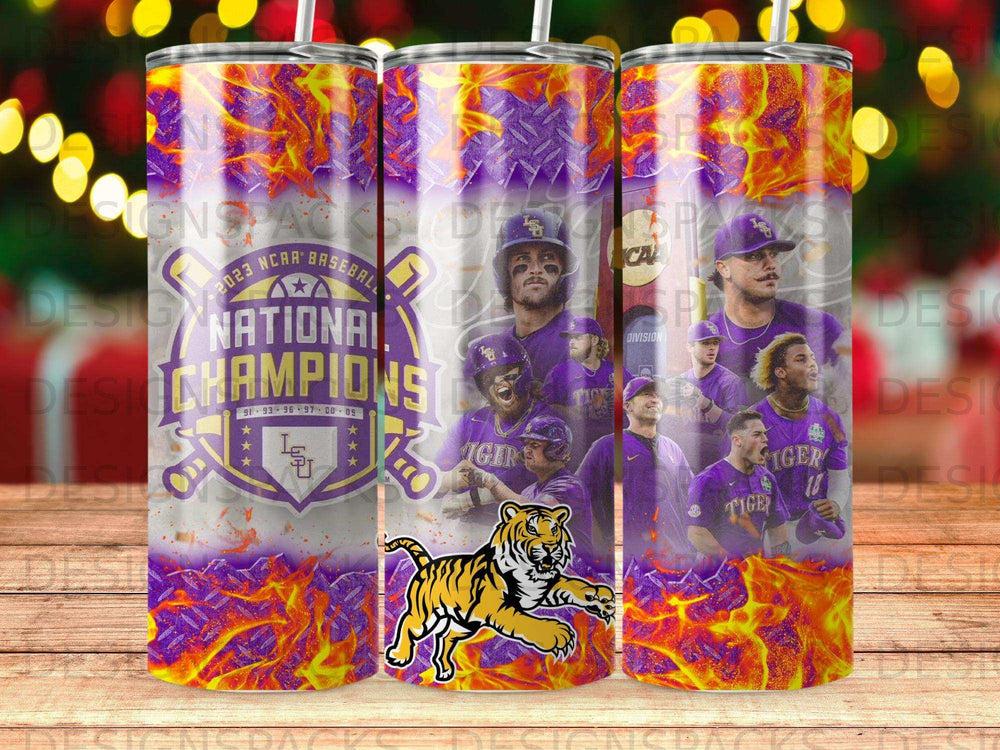 2023 NCAA Baseball National Champions with tiger graphic and player images.