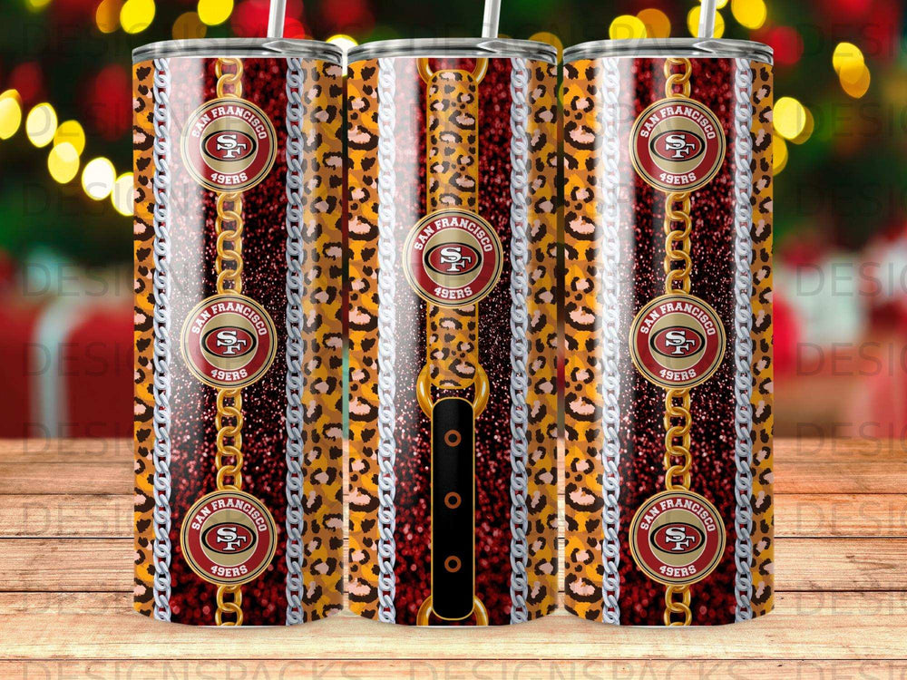 San Francisco 49ers tumbler with gold chains and leopard print pattern.