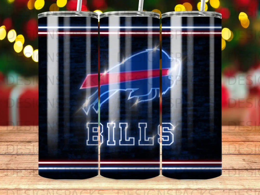 Buffalo Bills logo and team name on a navy and red striped tumbler.