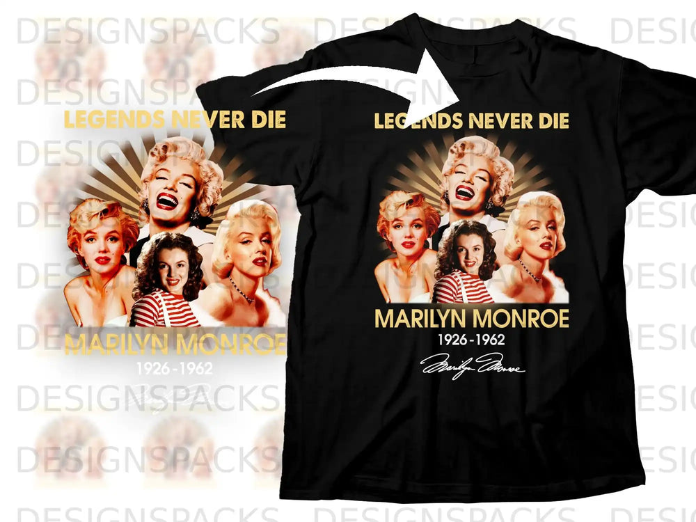 Marilyn Monroe "Legends Never Die" design with portrait and signature.