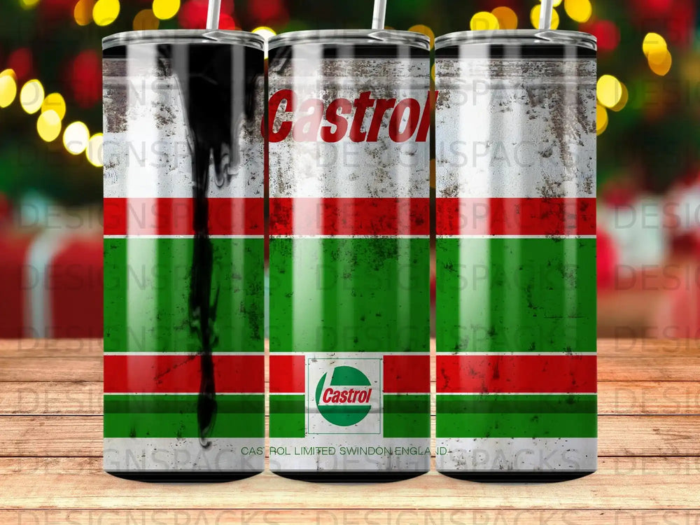 Castrol tumbler with red, green, and white stripes and "Castrol" logo.