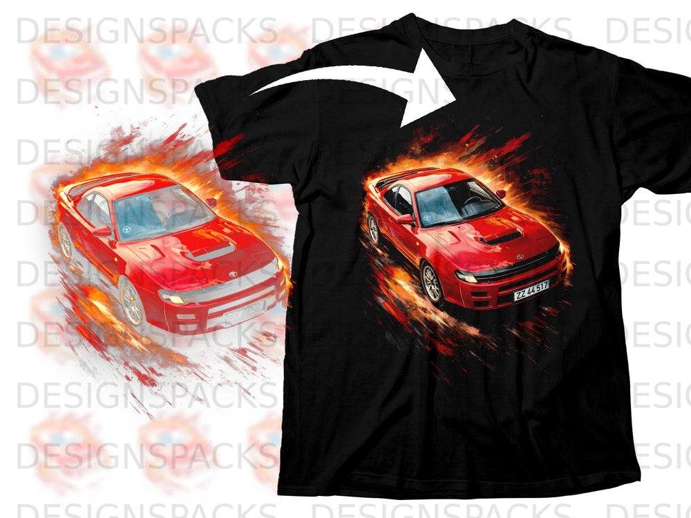 Black t-shirt with a graphic of a red sports car engulfed in flames.
