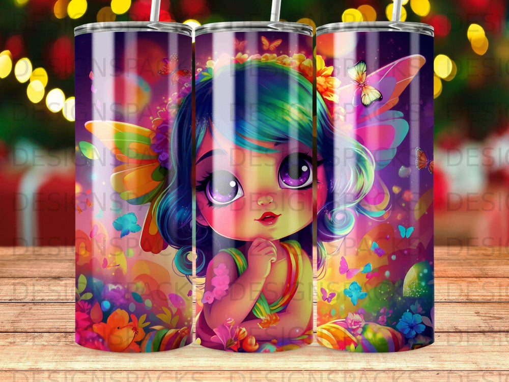 Whimsical fairy illustration with colorful flowers and butterflies on a tumbler.
