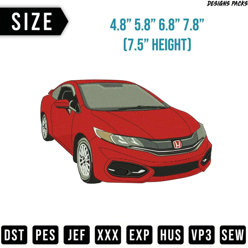 Red car embroidery design with size options and file formats.