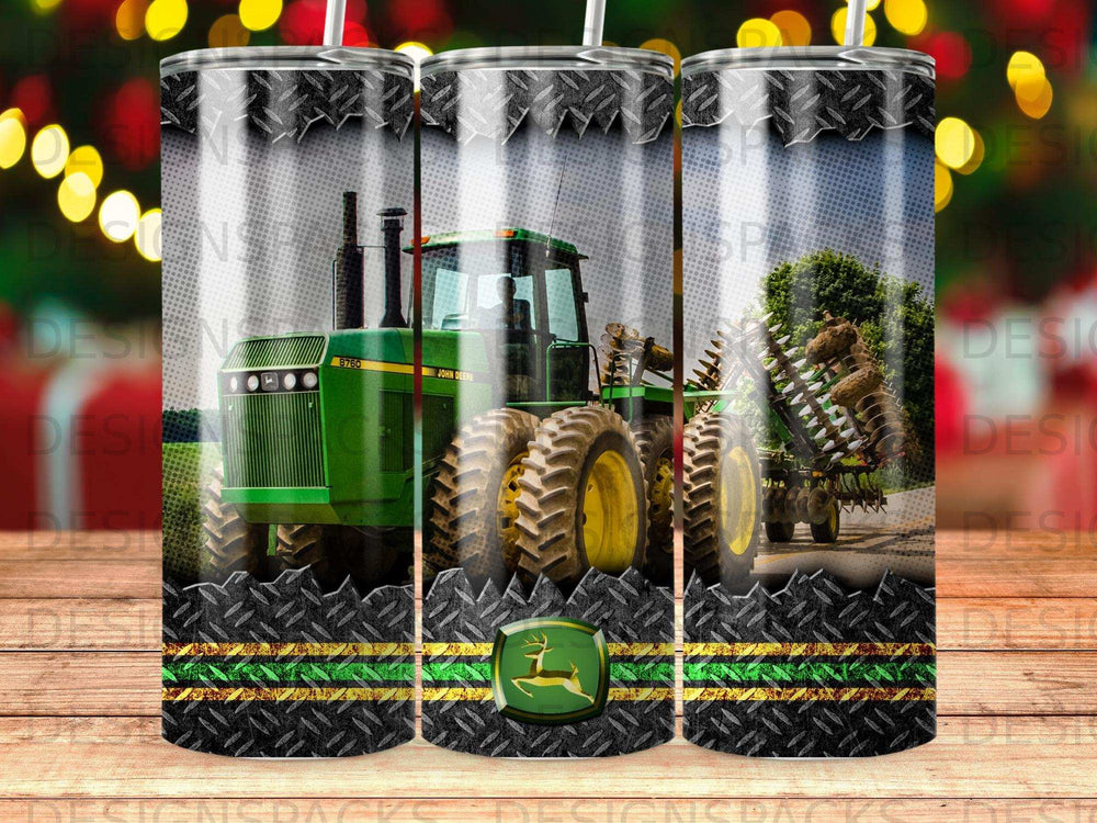 Green John Deere tractor with attached plow, detailed textured background.