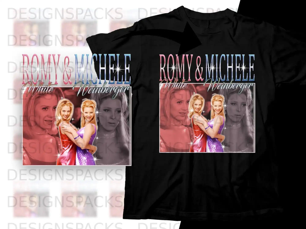 Romy and Michele White Weinberger graphic on black t-shirt.