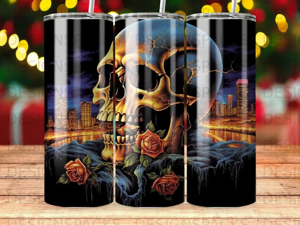 Skull with roses and cityscape.