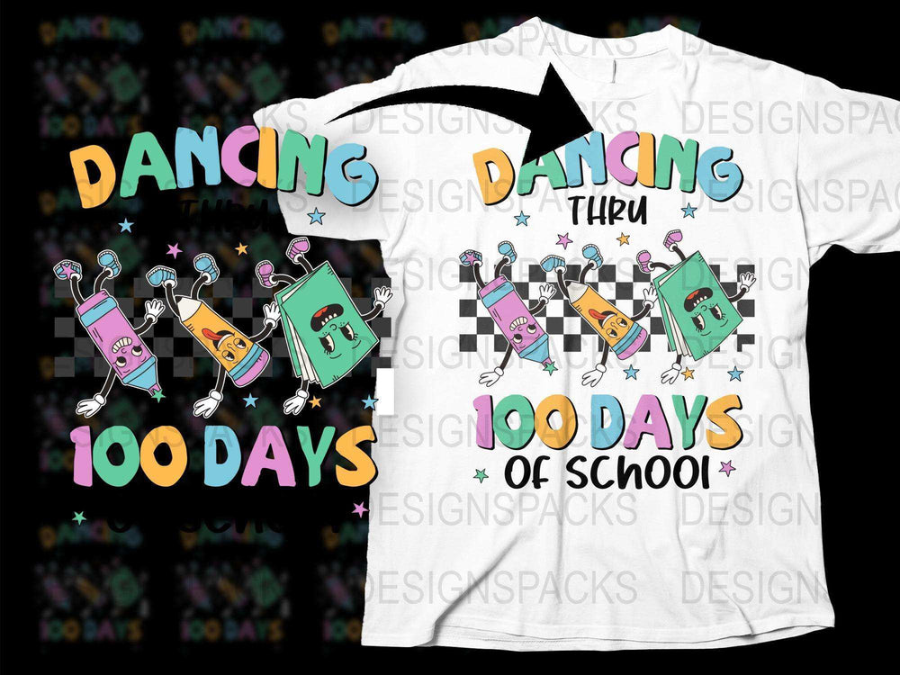 Dancing 100 Days of School T-Shirt, Colorful Text and Dancing Cassette Graphics, Fun Kids Celebration Tee