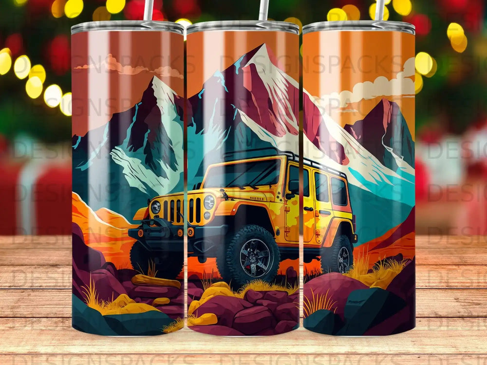 Yellow Jeep Wrangler parked in rocky mountain landscape with sunset sky.