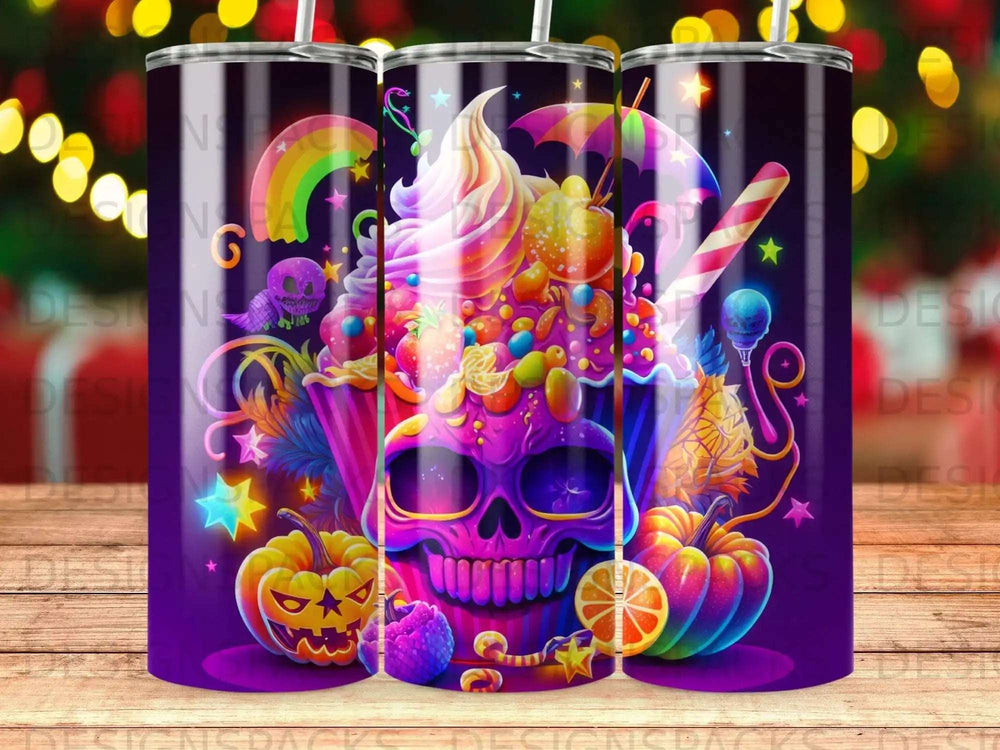 Cupcake with purple skull face, surrounded by candy, fruit, and Halloween pumpkins.
