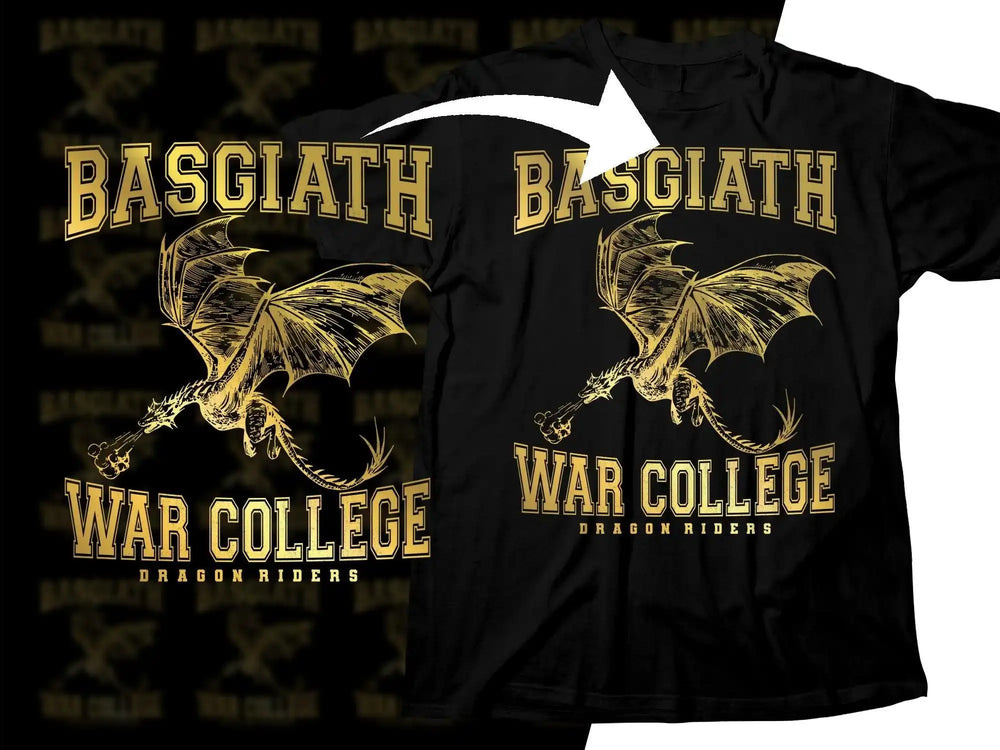 Black t-shirt with gold Basgiath War College dragon design, perfect for dragon riders fans