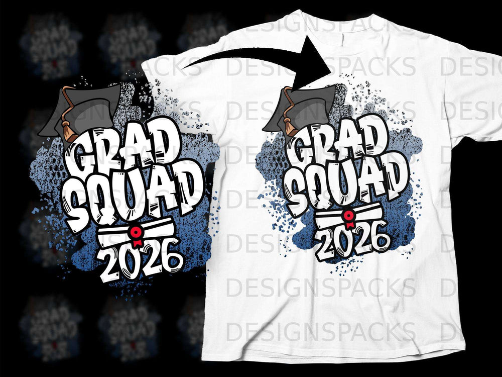 White t-shirt graphic featuring "Grad Squad 2026" with graduation cap and diploma.