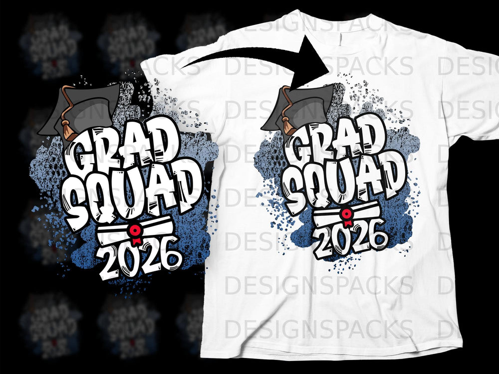 White t-shirt graphic featuring "Grad Squad 2026" with graduation cap and diploma.