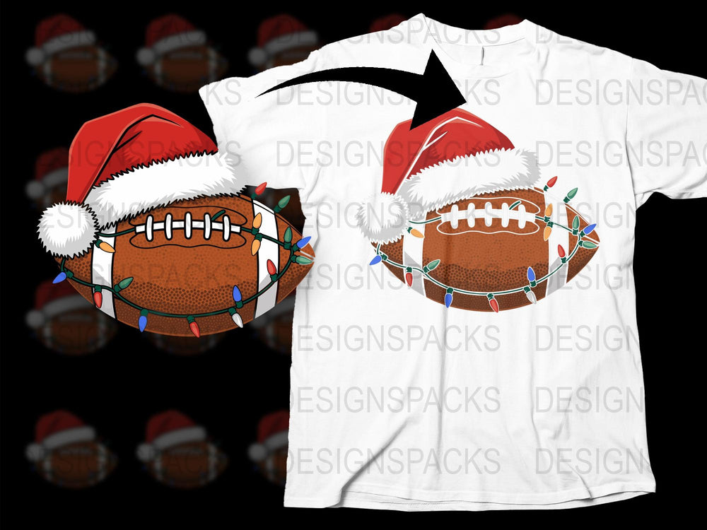 Christmas Football T-Shirt, Santa Hat Sports Tee, Holiday Lights Graphic Shirt, Festive Apparel