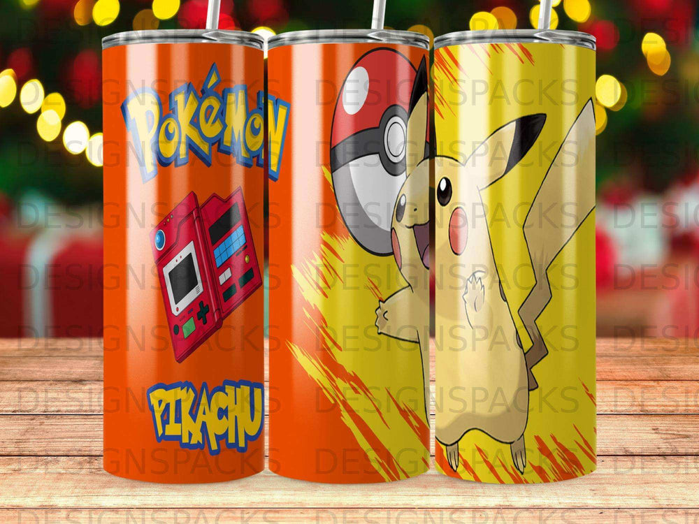 Pokemon Pikachu and Pokeball design on three stainless steel tumblers.