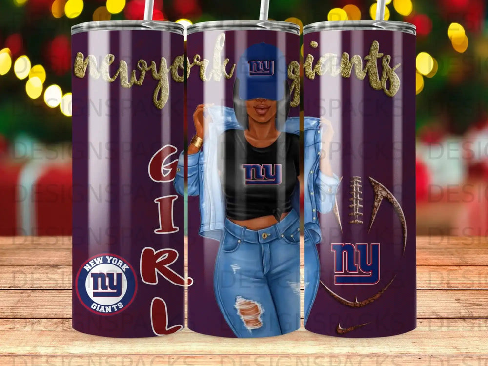 New York Giants tumbler with football and woman in denim jacket.