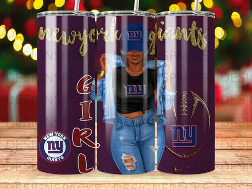 New York Giants tumbler with football and woman in denim jacket.