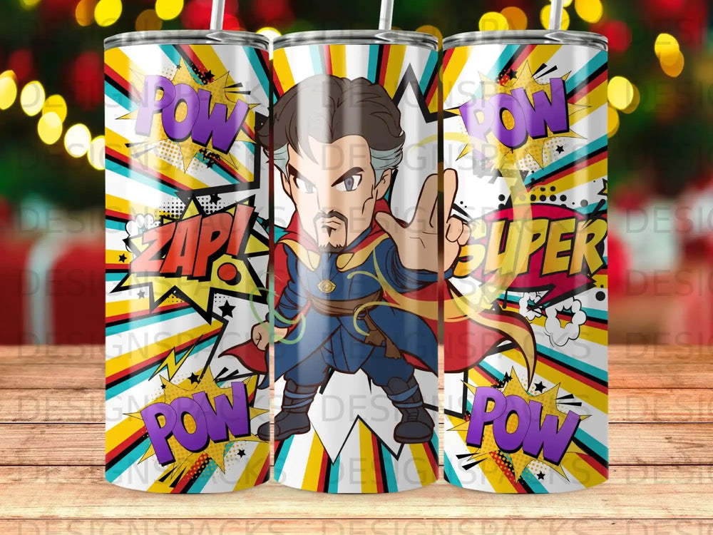 Superhero character with "POW" and "ZAP" comic book graphics.