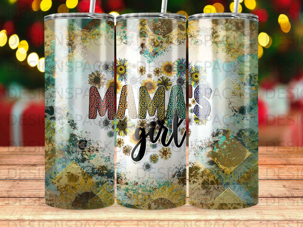 Floral mama's girl tumbler with sunflowers and abstract painted background.