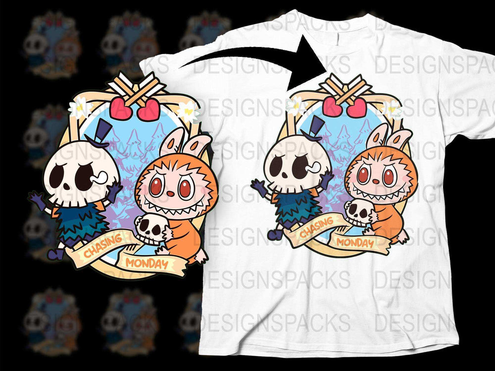 Cute Monster Chasing Monday Coffee Mug and T-Shirt Combo, Colorful Graphic Design, Fun Gift Idea for Friends