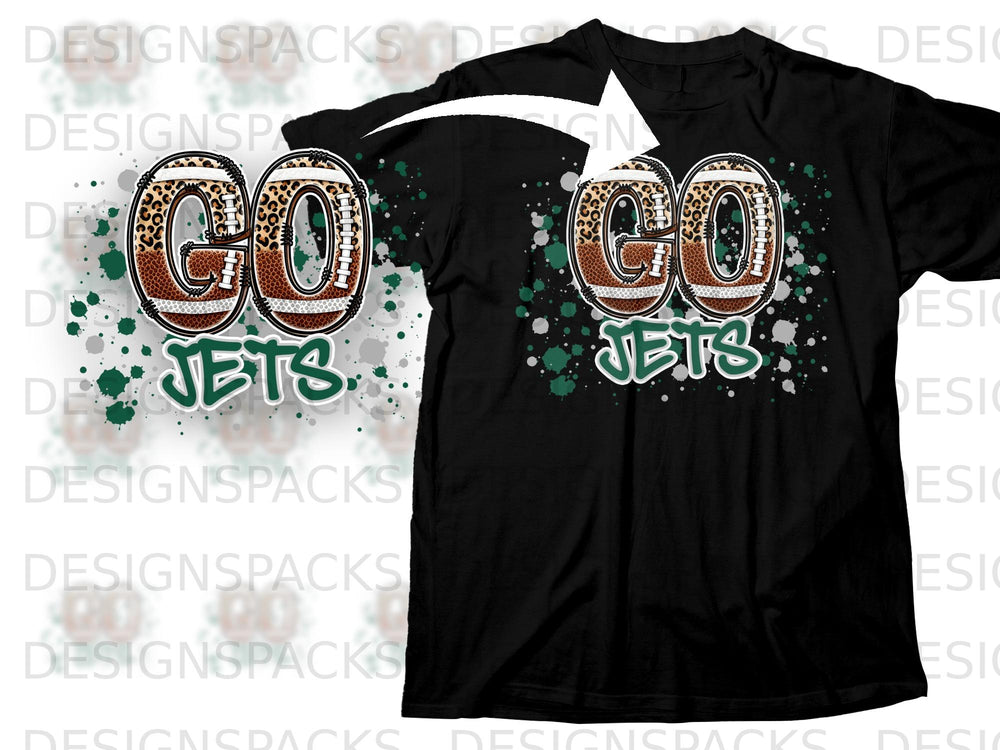 Black t-shirt with "GO JETS" graphic featuring footballs and leopard print.