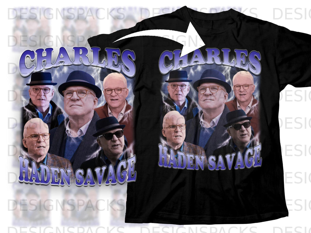 T-shirt graphic with "CHARLES" and "HADEN SAVAGE" text and images of men.